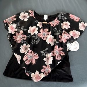 Floral print sheer overlays a soft black tank in this dress blouse by NAIF, sz L